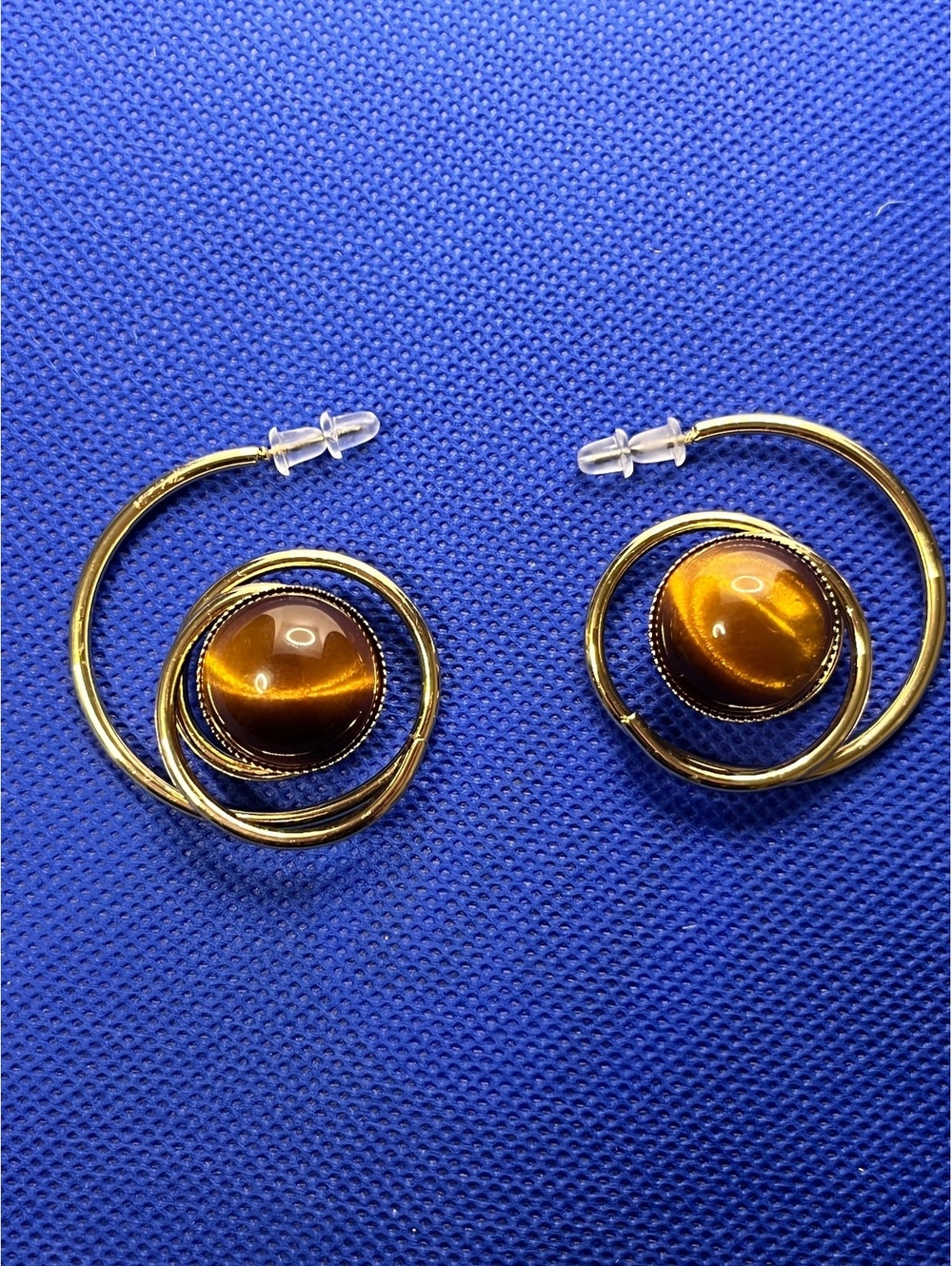 Vintage Gold Tone Tiger's Eye Spiral Hoop Earrings - Bold & Chic!
